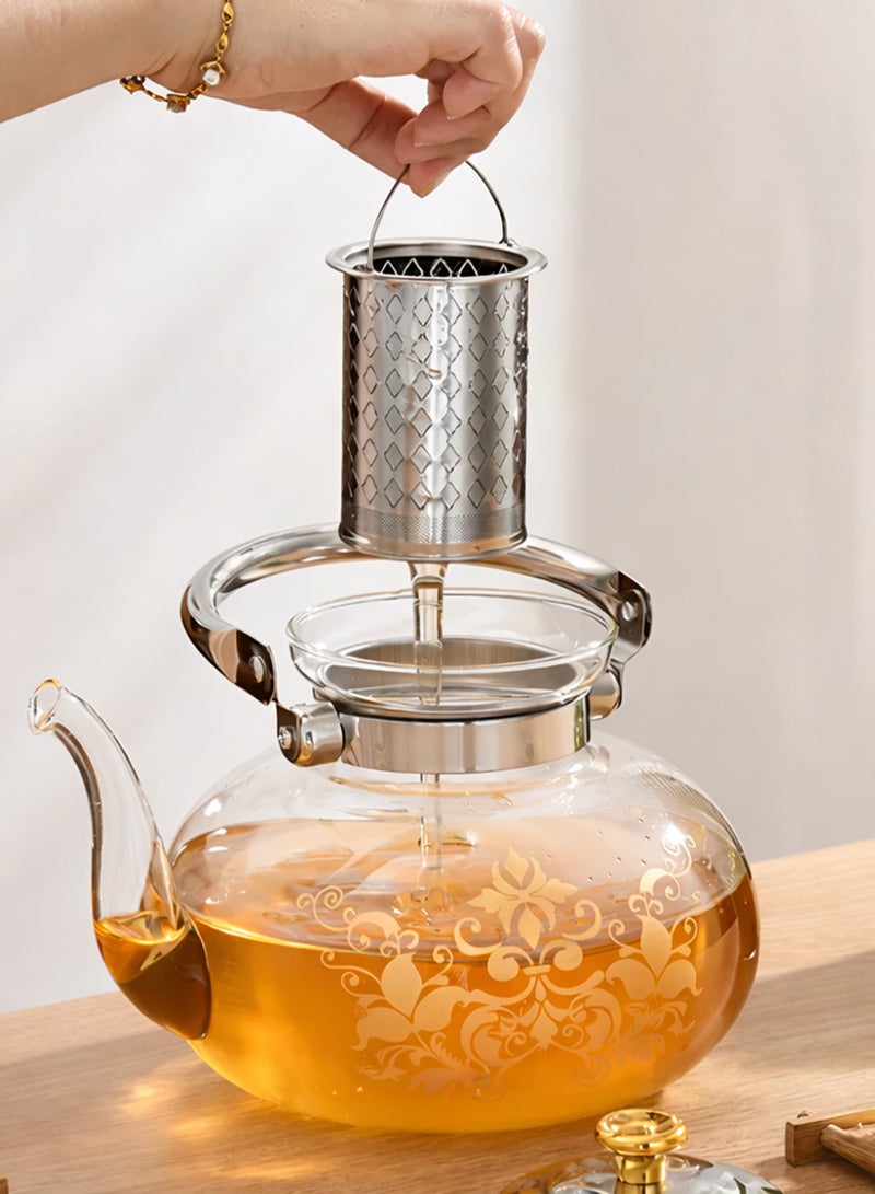 DBLEW Glass Teapot Borosilicate Heat Resistant with Stainless Steel Infuser Gold Design Glass 1600ml - Image 4