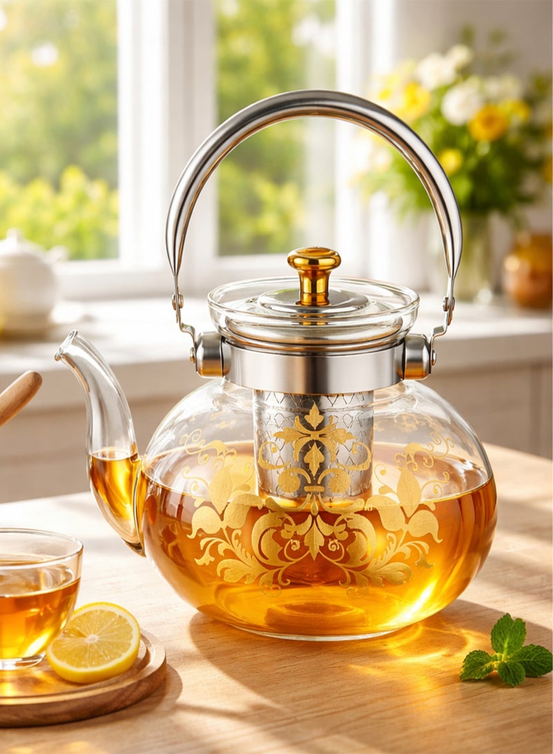 DBLEW Glass Teapot Borosilicate Heat Resistant with Stainless Steel Infuser Gold Design Glass 1600ml - Image 1