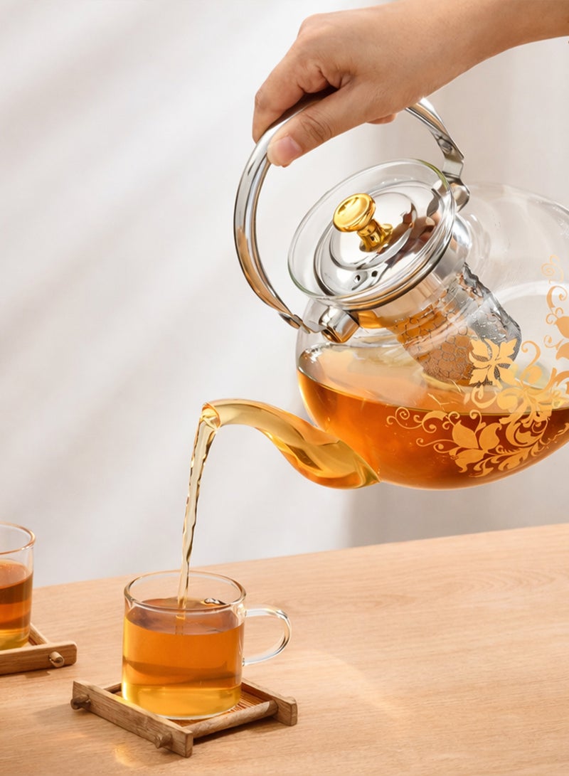 DBLEW Glass Teapot Borosilicate Heat Resistant with Stainless Steel Infuser Gold Design Glass 1600ml - Image 5