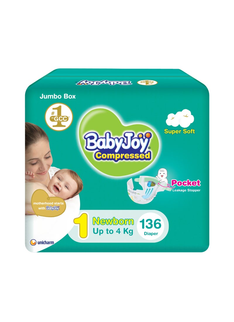 BabyJoy 2X Compressed Diamond Pad Diaper, Size 1, Newborn, 0-4 Kg, Jumbo Box, 136 Diapers - Image 1