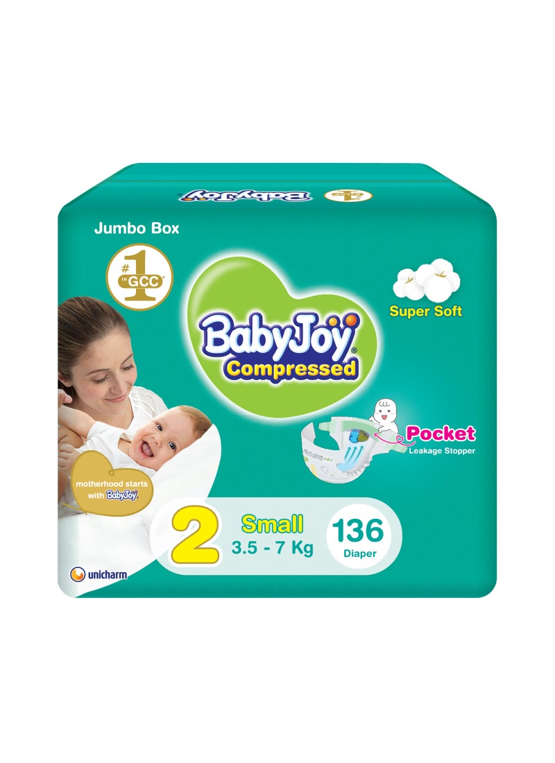 BabyJoy 2X Compressed Diamond Pad Diaper, Size 2, Small, 3.5-7 Kg, Jumbo Box, 136 Diapers - Image 1
