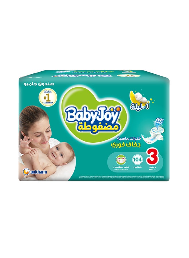 BabyJoy Compressed Diamond Pad Diaper, Size 3, Medium, 6-12 Kg, Jumbo Box, 104 Diapers - Image 1