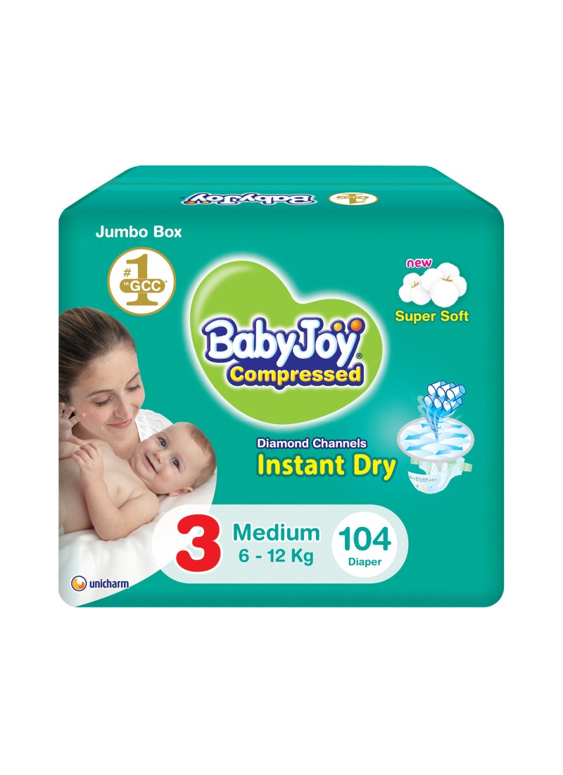 BabyJoy Compressed Diamond Pad Diaper, Size 3, Medium, 6-12 Kg, Jumbo Box, 104 Diapers - Image 1