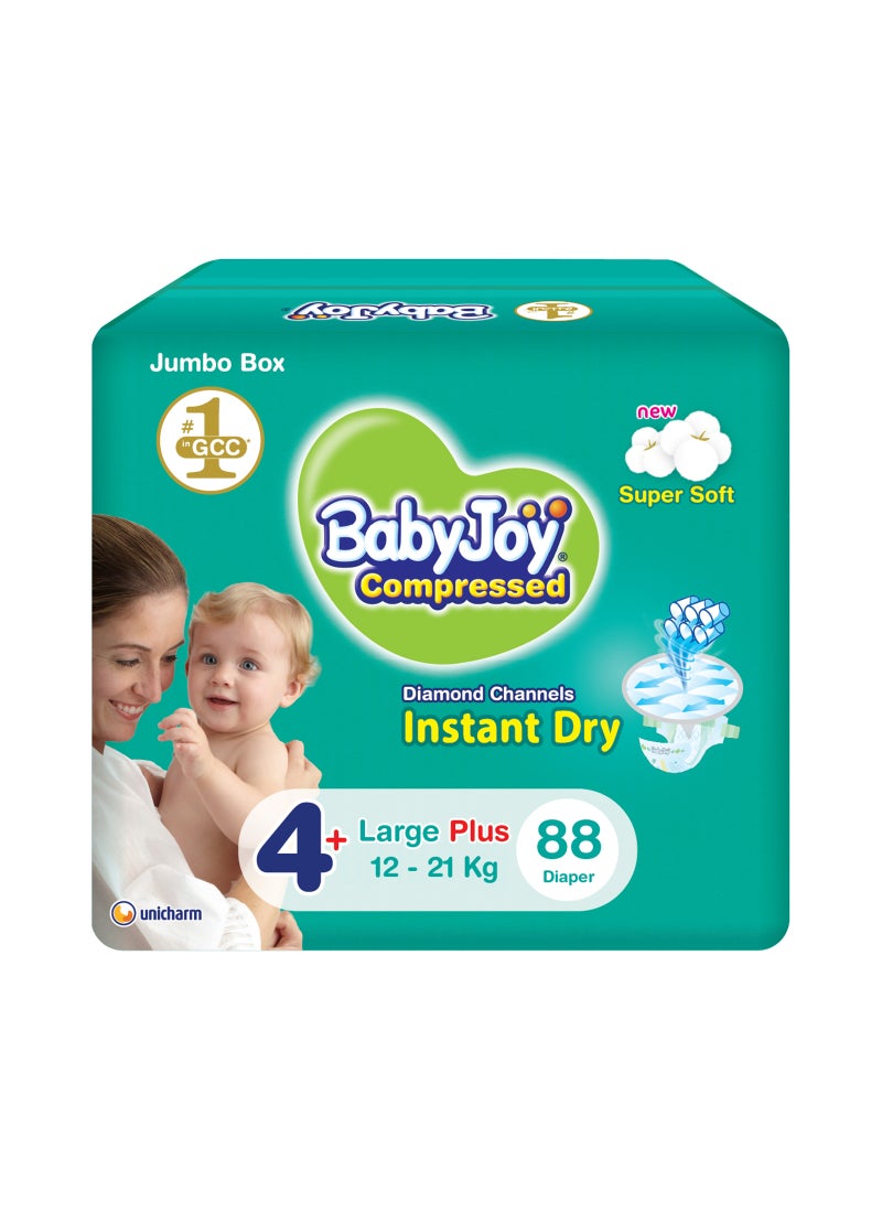 BabyJoy Compressed Diamond Pad Diaper, Size 4+, Large Plus, 12-21 Kg, Jumbo Box, 88 Diapers - Image 1