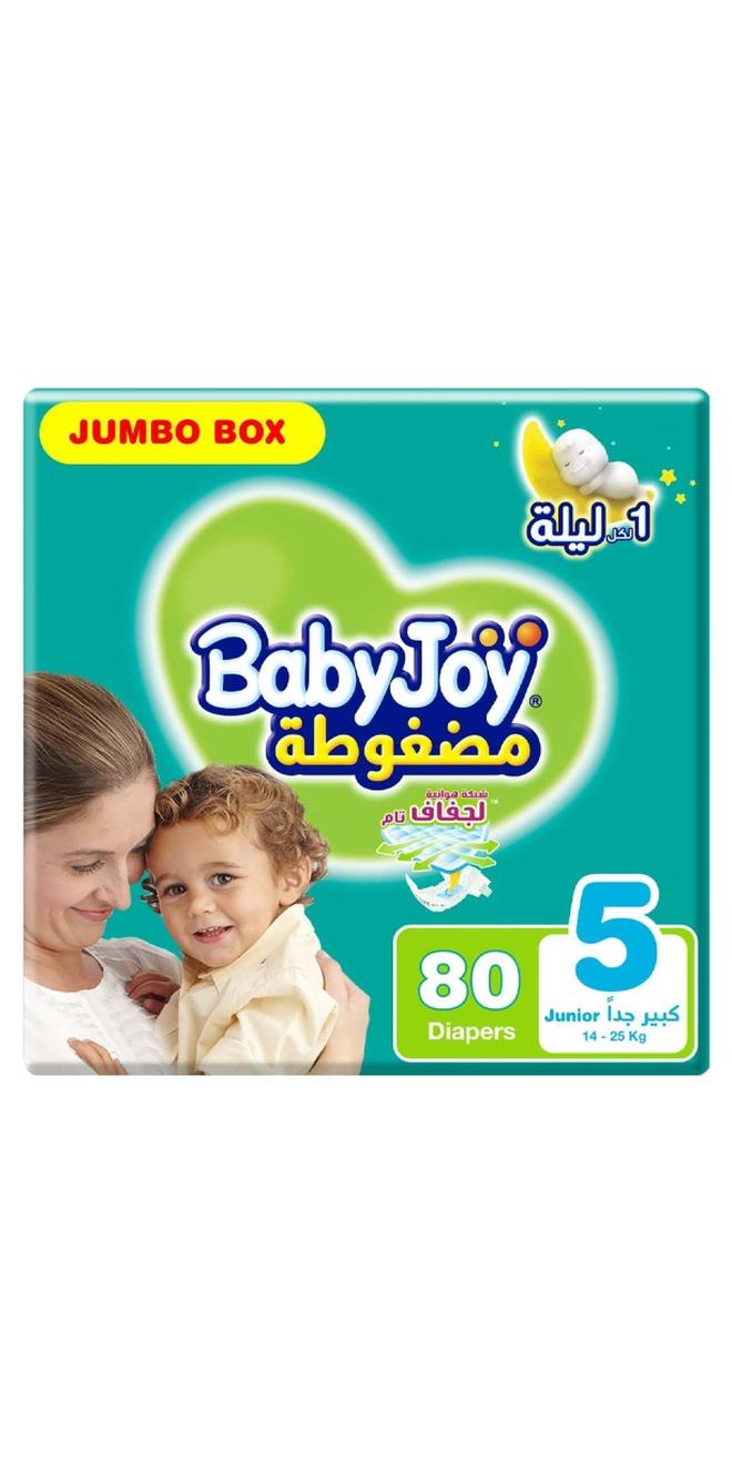 BabyJoy Compressed Diamond Pad Diaper, Size 5, Junior, 14-23 Kg, Jumbo Box, 80 Diapers - Image 1