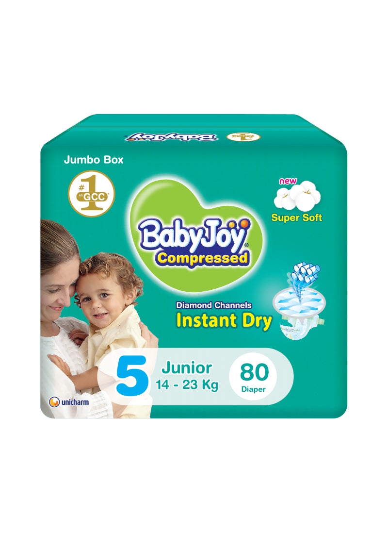 BabyJoy Compressed Diamond Pad Diaper, Size 5, Junior, 14-23 Kg, Jumbo Box, 80 Diapers - Image 1