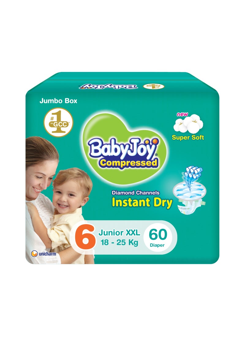 BabyJoy Compressed Diamond Pad Diaper, Size 6, Junior XXL, 16-25 Kg, Jumbo Box, 60 Diapers - Image 1