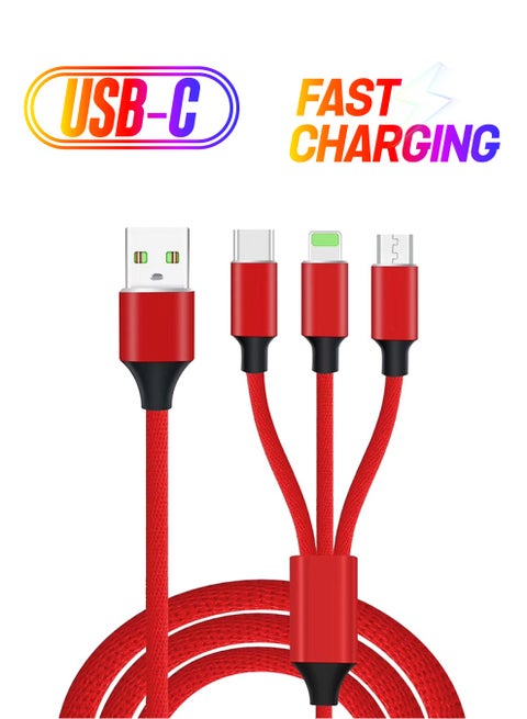 3-In-1 Micro USB Type-C Lightning Data Sync And Charging Cable Red