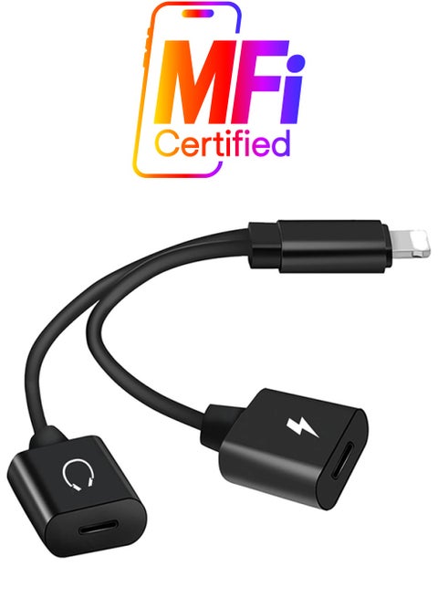 Audio AUX Converter Adapter With Dual Lightning Headphone Jack Charging Port Black