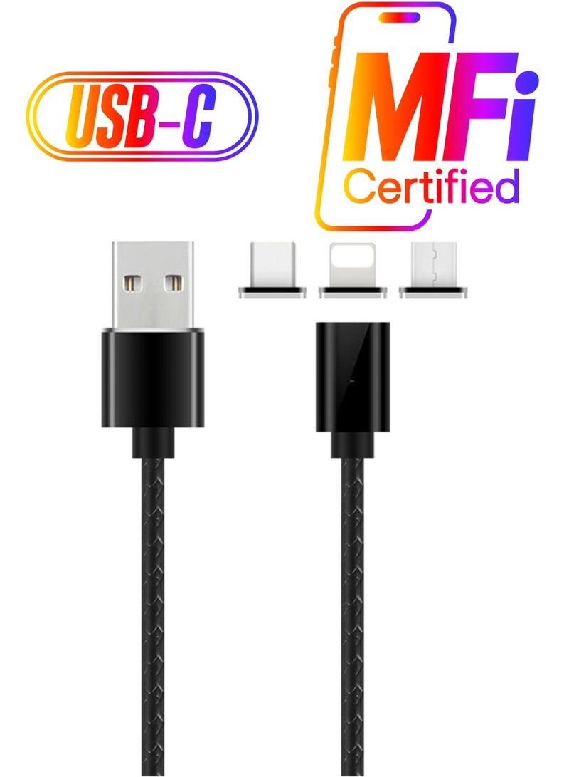 كابل Lighting لمزامنة البيانات والشحن 3 في 1بمنفذ Type C Micro USB أسود - Image 1