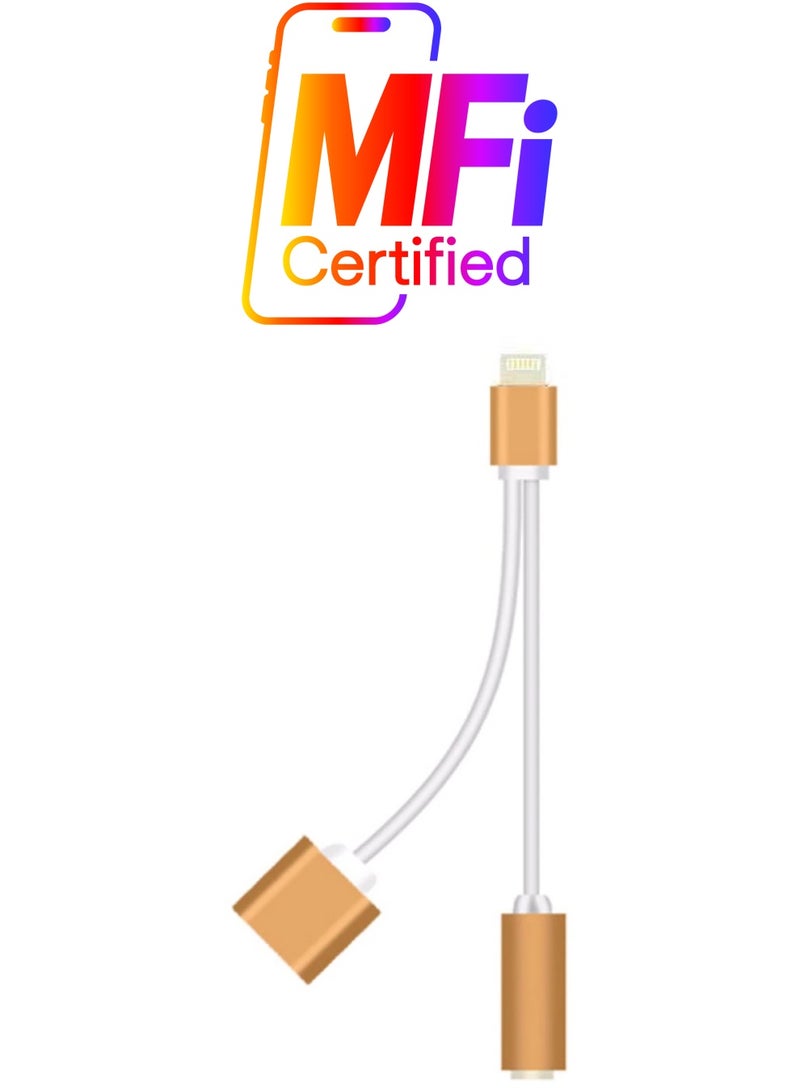 كابل تحويل سماعات الرأس 3.5 مم وكابل لايتننج 2 في 1 ذهبي - Image 1