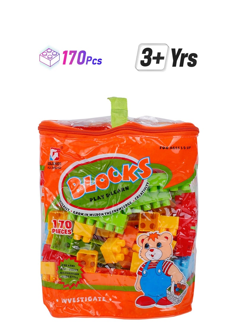 GoldKids 170-Piece Colorful Durable  Sturdy Building Blocks Set With Tote Bags 170  - Image 1