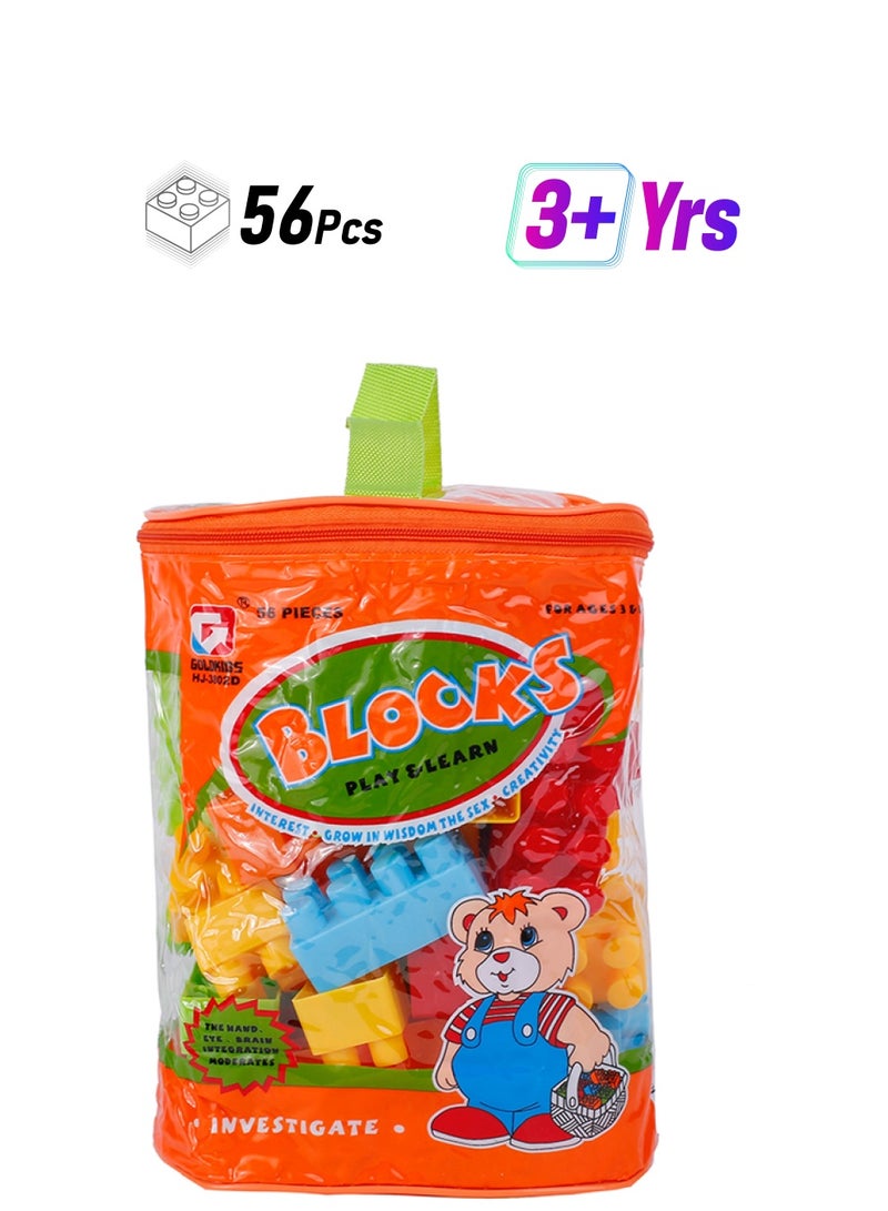 GoldKids HJ-3802D 56-Piece High Quality Sturdy And Durable Building Blocks Set With Storage Tote Bags 56 3+ Years  - Image 1