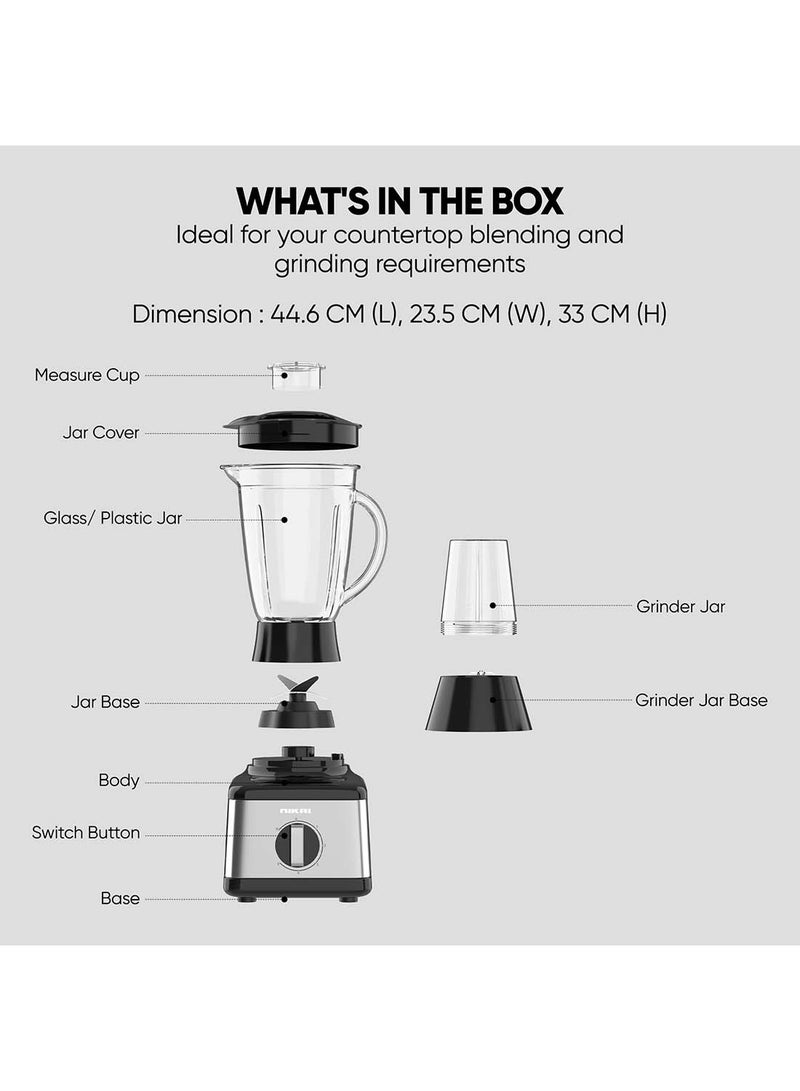 NIKAI - 3 In 1 Blender With  Power, Stainless Steel Blades, Multifunctional Grinder, Glass And Plastic Jugs, 5 Speeds + Pulse, Perfect For Dry And Wet Fine Grinding, Mixing And Juicing 500 W NB3900GEB Black/Clear/Silver - Image 1