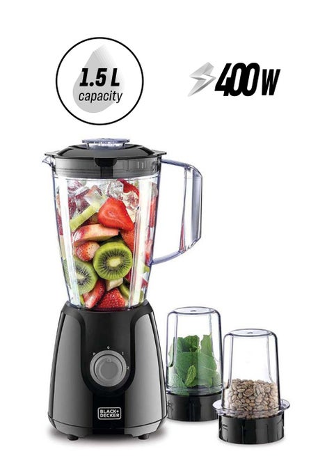 Blender with Grinder Mills, 1.5L Jar, 2x 300ml Grinding Mills, Stainless Steel Blades, 2-Speed with Pulse Control, Perfect for Smoothies, Coffee, Herbs, and Spices, 1.5 L 400 W BX440-B5 Black