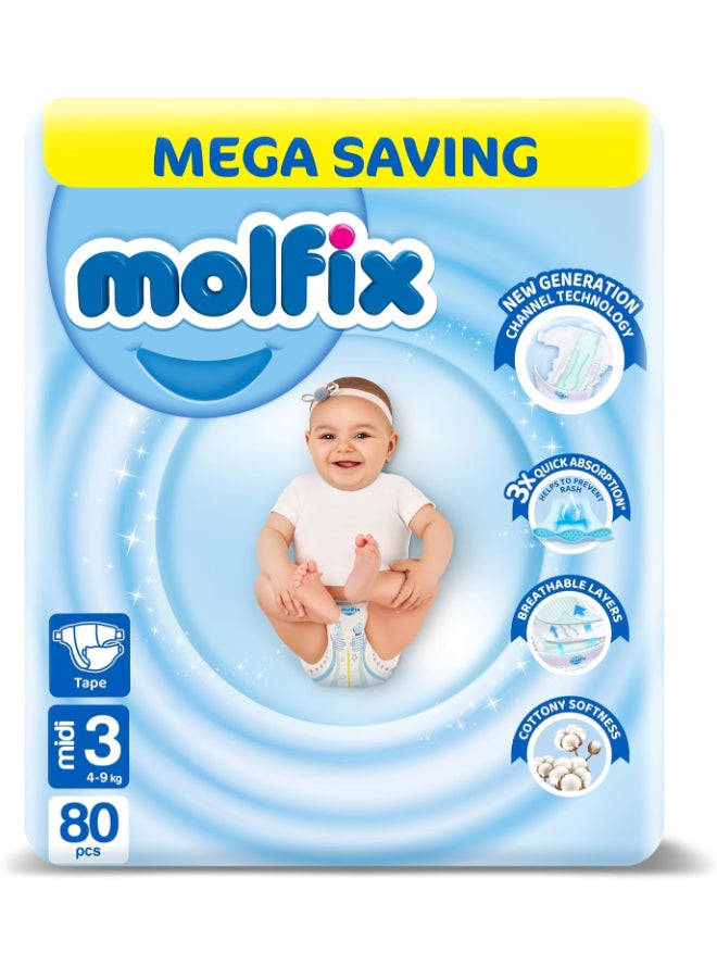 Molfix - 80 Piece -Baby Diapers 3D Size 3 Midi Mega Pack 4 - 9 Kg - Image 1
