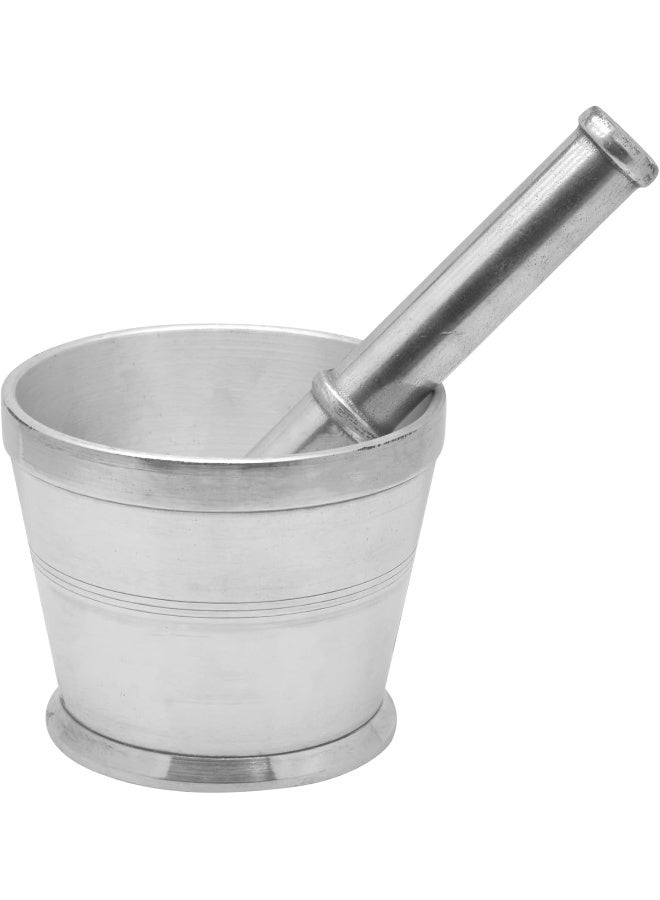 Raj Aluminium Mortar With Stand, Silver, RAM003, Garlic Crusher, Manual Spices Grinder, Chutney Maker, Ideal for Ginger, Garlic, Herbs Grinder Silver