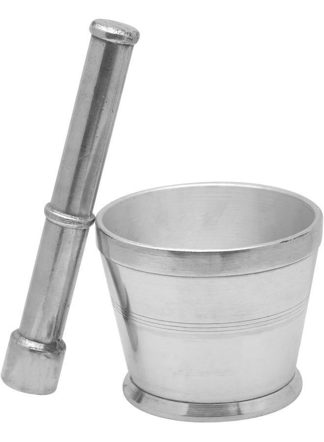 Raj Aluminium Mortar With Stand, Silver, RAM003, Garlic Crusher, Manual Spices Grinder, Chutney Maker, Ideal for Ginger, Garlic, Herbs Grinder Silver