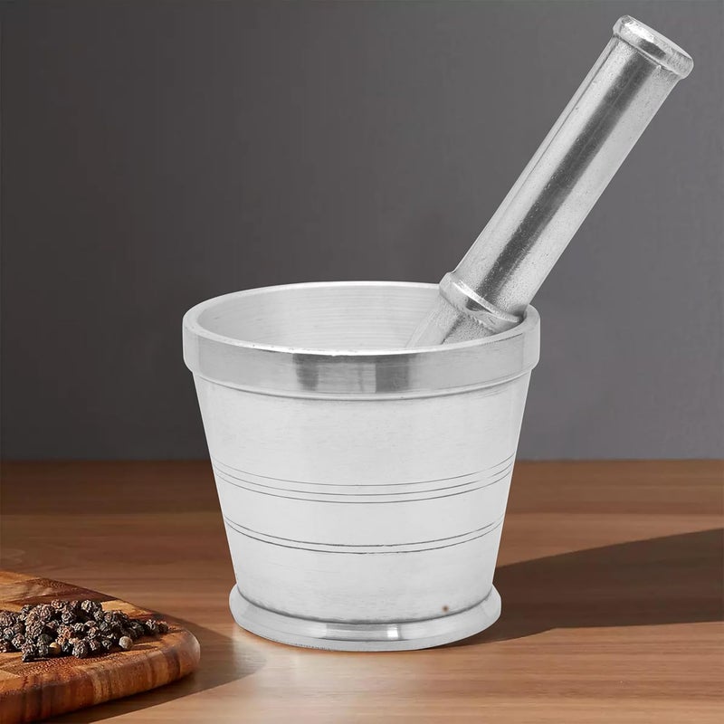 Raj Aluminium Mortar With Stand, Silver, RAM003, Garlic Crusher, Manual Spices Grinder, Chutney Maker, Ideal for Ginger, Garlic, Herbs Grinder Silver