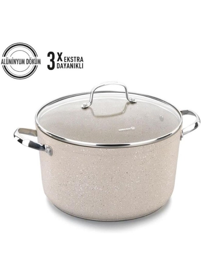 Korkmaz Granita Forged Aluminium Casserole Pot 28x14.5cm / 8.0L | Granite Coating Induction Base Cooking Pot | Aluminum Soup Pot With Glass Lid - KA1262 Cream/Silver 8Liters - Image 3