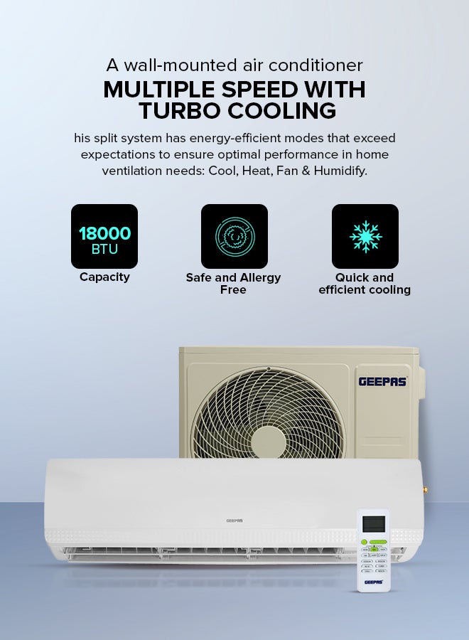 GEEPAS - Split Type Air Conditioner - Ergonomic Design with Led Display | Multiple Speed, Turbo Cooling & Auto Restart | Washable Filter | 18000 BTU | Remote Included 1.5 TON AIR CONDITIONER White - Image 1