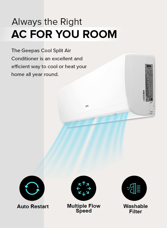 GEEPAS - Split Type Air Conditioner - Ergonomic Design with Led Display | Multiple Speed, Turbo Cooling & Auto Restart | Washable Filter | 18000 BTU | Remote Included 1.5 TON AIR CONDITIONER White - Image 1