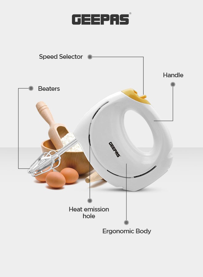 GEEPAS - Hand Mixer - Professional Electric Handheld Mixer for Baking - 7 Speed Function, Includes Stainless Steel Beaters & Dough Hooks, Eject Button 150 W GHM43012 White/Yellow - Image 1
