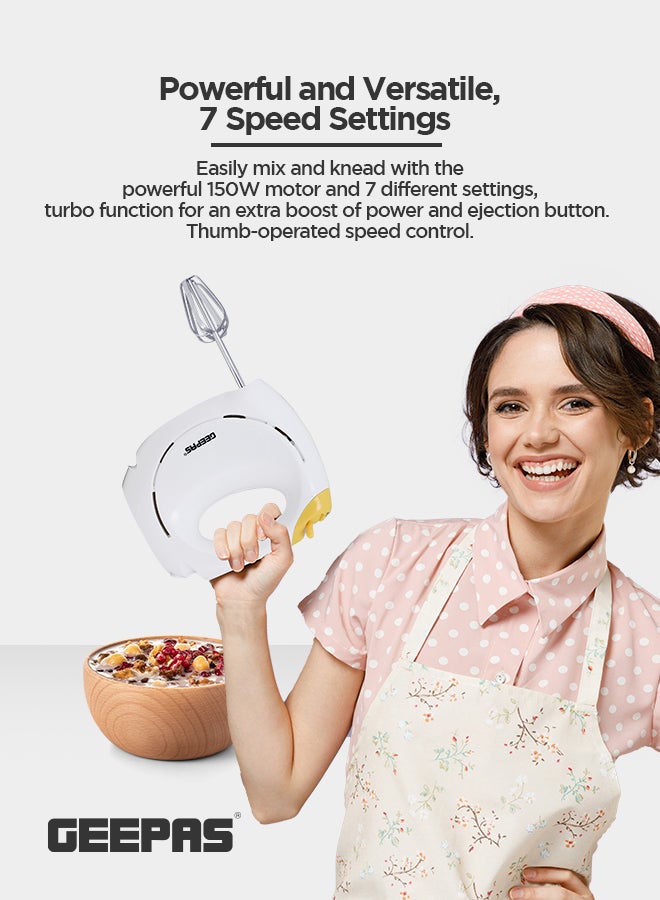 GEEPAS - Hand Mixer - Professional Electric Handheld Mixer for Baking - 7 Speed Function, Includes Stainless Steel Beaters & Dough Hooks, Eject Button 150 W GHM43012 White/Yellow - Image 1