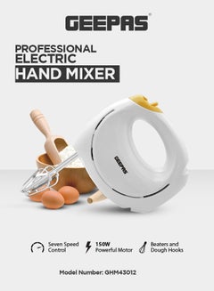 Hand Mixer - Professional Electric Handheld Mixer for Baking - 7 Speed Function, Includes Stainless Steel Beaters & Dough Hooks, Eject Button 150 W GHM43012 White/Yellow