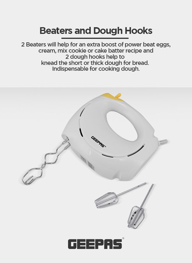 GEEPAS - Hand Mixer - Professional Electric Handheld Mixer for Baking - 7 Speed Function, Includes Stainless Steel Beaters & Dough Hooks, Eject Button 150 W GHM43012 White/Yellow - Image 1