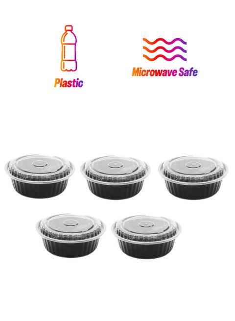 5-Piece Round Container Air Tight With Transparent Lid Used In Microwave Safe, Kitchen Storage, Reusable Plastic Containers For Food Delivery And Fridge Storage Black/Clear