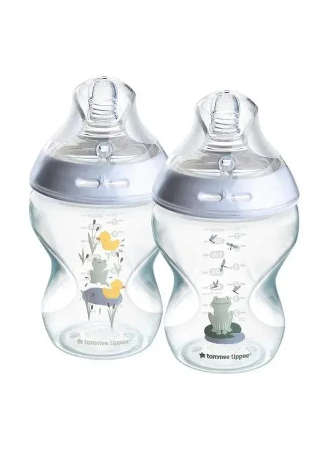 tommee tippee Natural Start Baby Bottles, 260ml, Pack of 2, Decorated Design, Soft Silicone Teat, Easy Latch, Anti-Colic Valve, BPA-Free, Ideal for Newborns and Toddlers, Baby Feeding Bottles