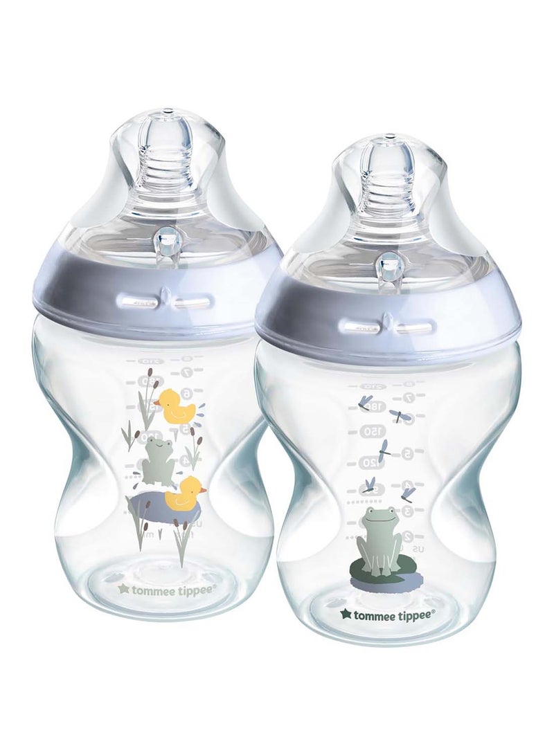 tommee tippee Natural Start Baby Bottles, 260ml, Pack of 2, Decorated Design, Slow Flow 0M+ Soft Silicone Teat, Easy Latch, Anti-Colic Valve, BPA-Free, Ideal for Newborns and Toddlers, Baby Feeding Bottles - Image 1