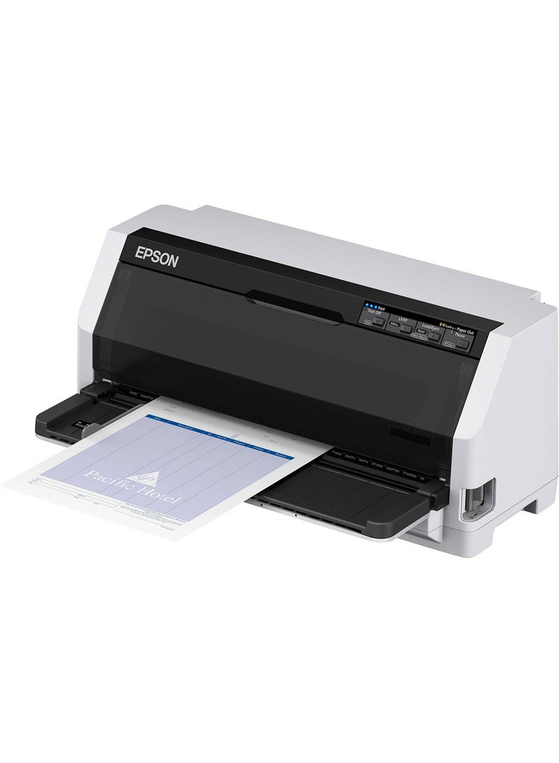 EPSON - LQ-690II 24-Pin Dot Matrix Printer, 487 cps Print Speed, 106 Columns, 360 x 180 DPI, USB 2.0 & Parallel Connectivity, 6-Page Copy Capacity, 10 Million Character Ribbon Yield, 128 kB Memory, 20,000 Hours MTBF, Supports Multiple Paper Formats & Barcodes, Compact Design (480 x 301 x 211 mm), Low Noise Operation (59 dB) Grey/Black/Blue - Image 1