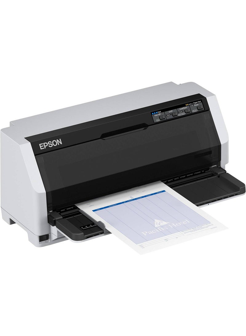 EPSON - LQ-690II 24-Pin Dot Matrix Printer, 487 cps Print Speed, 106 Columns, 360 x 180 DPI, USB 2.0 & Parallel Connectivity, 6-Page Copy Capacity, 10 Million Character Ribbon Yield, 128 kB Memory, 20,000 Hours MTBF, Supports Multiple Paper Formats & Barcodes, Compact Design (480 x 301 x 211 mm), Low Noise Operation (59 dB) Grey/Black/Blue - Image 1