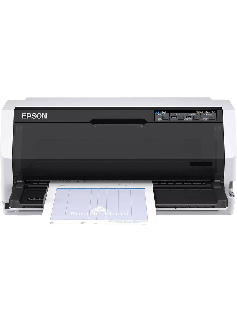 EPSON - LQ-690II 24-Pin Dot Matrix Printer, 487 cps Print Speed, 106 Columns, 360 x 180 DPI, USB 2.0 & Parallel Connectivity, 6-Page Copy Capacity, 10 Million Character Ribbon Yield, 128 kB Memory, 20,000 Hours MTBF, Supports Multiple Paper Formats & Barcodes, Compact Design (480 x 301 x 211 mm), Low Noise Operation (59 dB) Grey/Black/Blue - Image 1