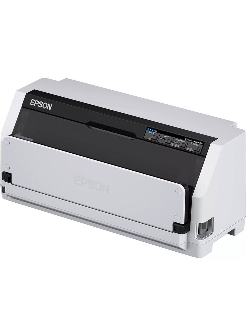 EPSON - LQ-690II 24-Pin Dot Matrix Printer, 487 cps Print Speed, 106 Columns, 360 x 180 DPI, USB 2.0 & Parallel Connectivity, 6-Page Copy Capacity, 10 Million Character Ribbon Yield, 128 kB Memory, 20,000 Hours MTBF, Supports Multiple Paper Formats & Barcodes, Compact Design (480 x 301 x 211 mm), Low Noise Operation (59 dB) Grey/Black/Blue - Image 1