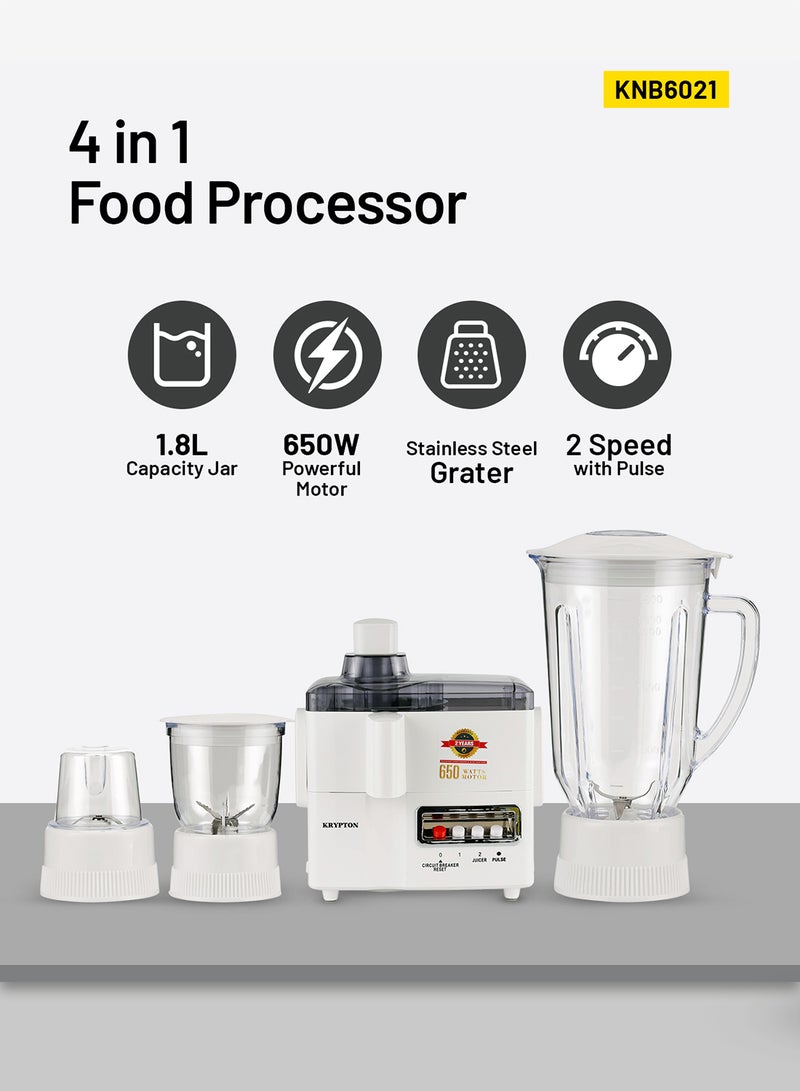 KRYPTON Multifunctional 4 In 1 Juicer and Food Processor, Blender, Chopper & Grinder With Big Capacity Jar, 2 Speed Control with Pulse Function, Overheat Protection and Stainless Steel Grater 1.8 L 650 W KNB6021NV White - Image 1