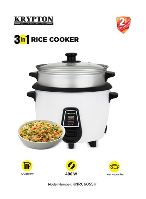 3-in-1 Electric Rice Cooker – Cook, Warm & Steam Functions, 1.0L Capacity, Non-Stick Pot, Tempered Glass Lid, Easy One-Touch Operation 1 L 400 W KNRC6055H White