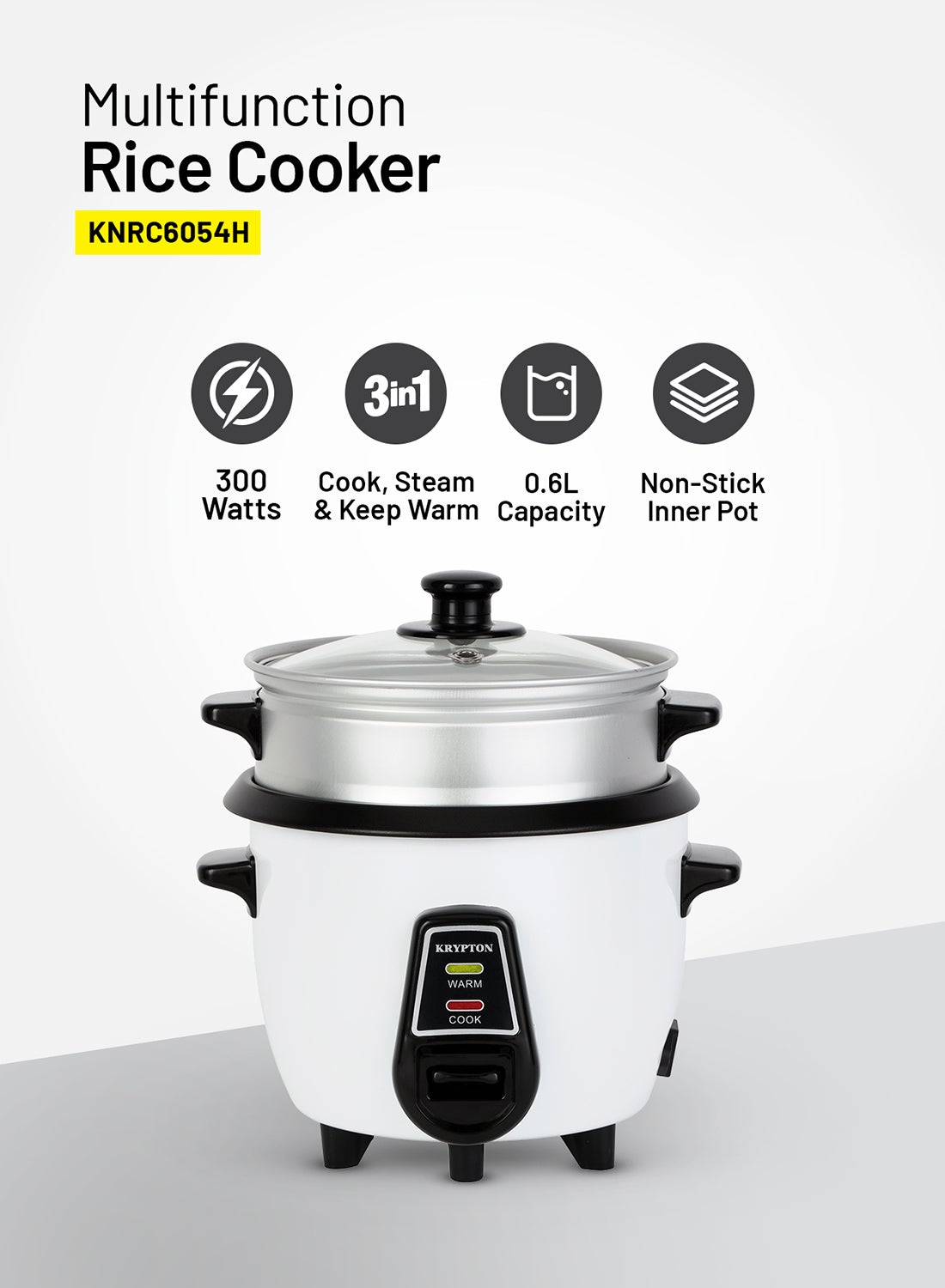 3 in 1 Electric Rice Cooker With Non-Stick Inner Pot, Stainless Steel Lid, A Rice Scoop and Measuring Cup, Includes Cook, Steam and Keep Warm Function with Indicator Light/ Cool Touch Handle with Aluminum Outer Steamer 0.6 L 300 W KNRC6054N/ KNRC6054H White/Black