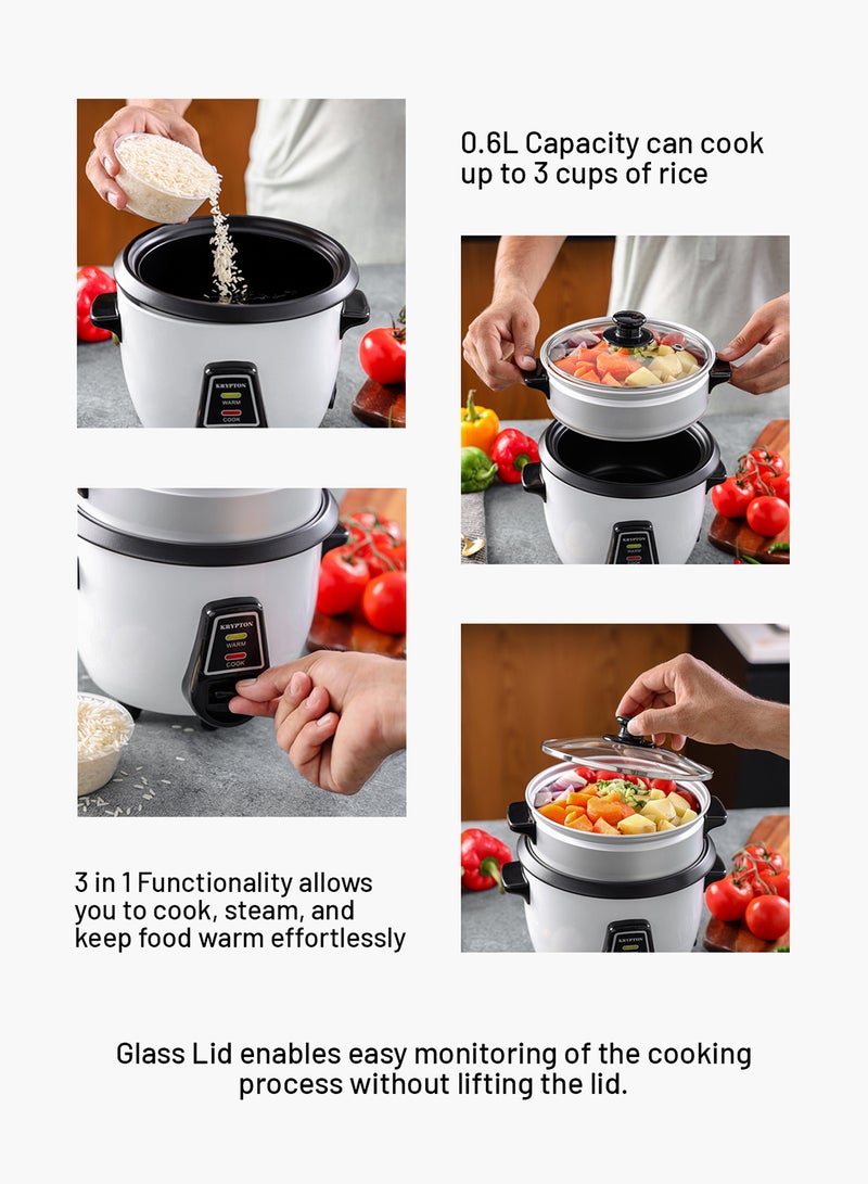 KRYPTON 3 in 1 Electric Rice Cooker With Non-Stick Inner Pot, Stainless Steel Lid, A Rice Scoop and Measuring Cup, Includes Cook, Steam and Keep Warm Function with Indicator Light/ Cool Touch Handle with Aluminum Outer Steamer 0.6 L 300 W KNRC6054N/ KNRC6054H White/Black - Image 4