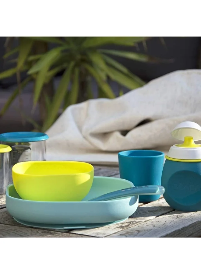 BEABA Set of 4 Pieces Silicone Feeding Meal, Plate + Bowl Cup Spoon With Strong Suction Pad Baby And Children - Blue