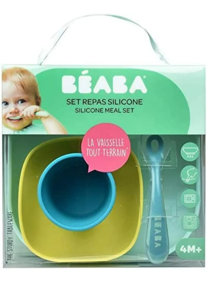 BEABA Set of 4 Pieces Silicone Feeding Meal, Plate + Bowl Cup Spoon With Strong Suction Pad Baby And Children - Blue