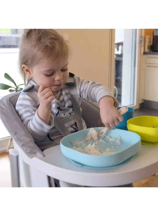 BEABA Set of 4 Pieces Silicone Feeding Meal, Plate + Bowl Cup Spoon With Strong Suction Pad Baby And Children - Blue