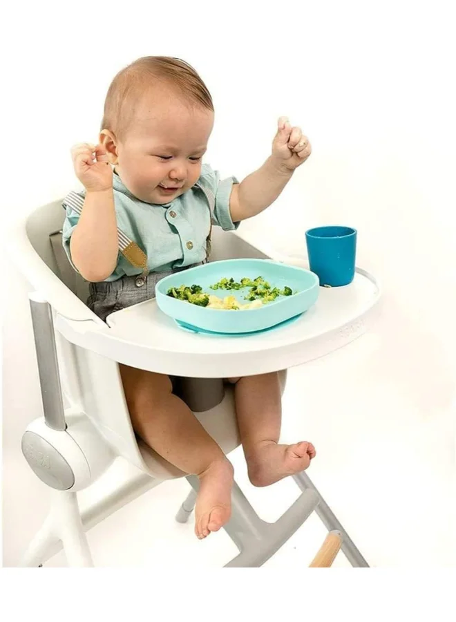 BEABA Set of 4 Pieces Silicone Feeding Meal, Plate + Bowl Cup Spoon With Strong Suction Pad Baby And Children - Blue