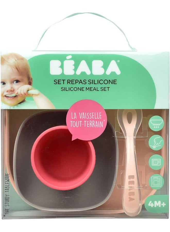 BEABA Set Of 4 Pieces Silicone Feeding Meal Plate + Bowl + Cup + Spoon Silicone With Strong Suction Pad Baby And Children Pink - Image 4