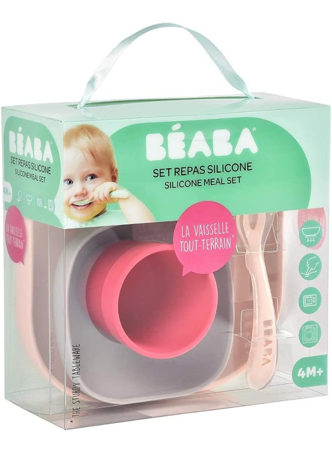 BEABA Set Of 4 Pieces Silicone Feeding Meal Plate + Bowl + Cup + Spoon Silicone With Strong Suction Pad Baby And Children Pink - Image 5