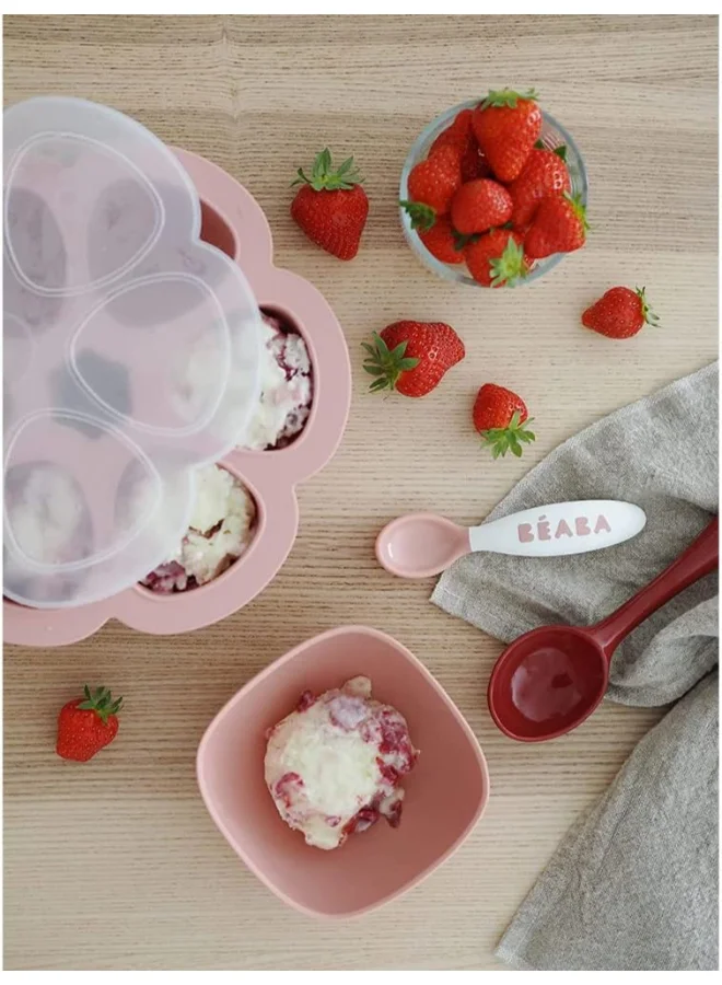 BEABA Silicone Multi - Containers, Premium - Quality For Baby, Extreme Heat Resistance, Oven And Microwave, 6 Separate Sections, Airtight Lid, Made In Italy, 6X150 Ml - Pink