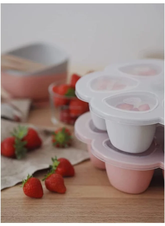 BEABA Silicone Multi - Containers, Premium - Quality For Baby, Extreme Heat Resistance, Oven And Microwave, 6 Separate Sections, Airtight Lid, Made In Italy, 6X150 Ml - Pink