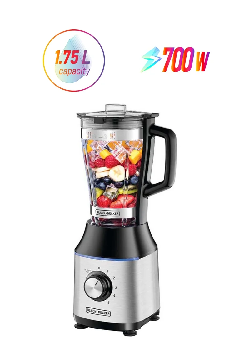 BLACK+DECKER High-Speed Premium Blender, Durable Glass Jar, Powerful Motor, 3 Speed Settings, Pulse Function, Ice Crushing Capability, Easy Clean Design, 1.75 L 700 W BX650G-B5 Black/Silver